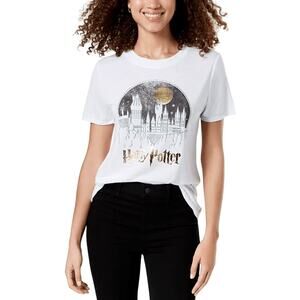 Harry Potter Hogwarts Metallic Graphic Juniors' White Gold T-Shirt | Sz L | NWOT